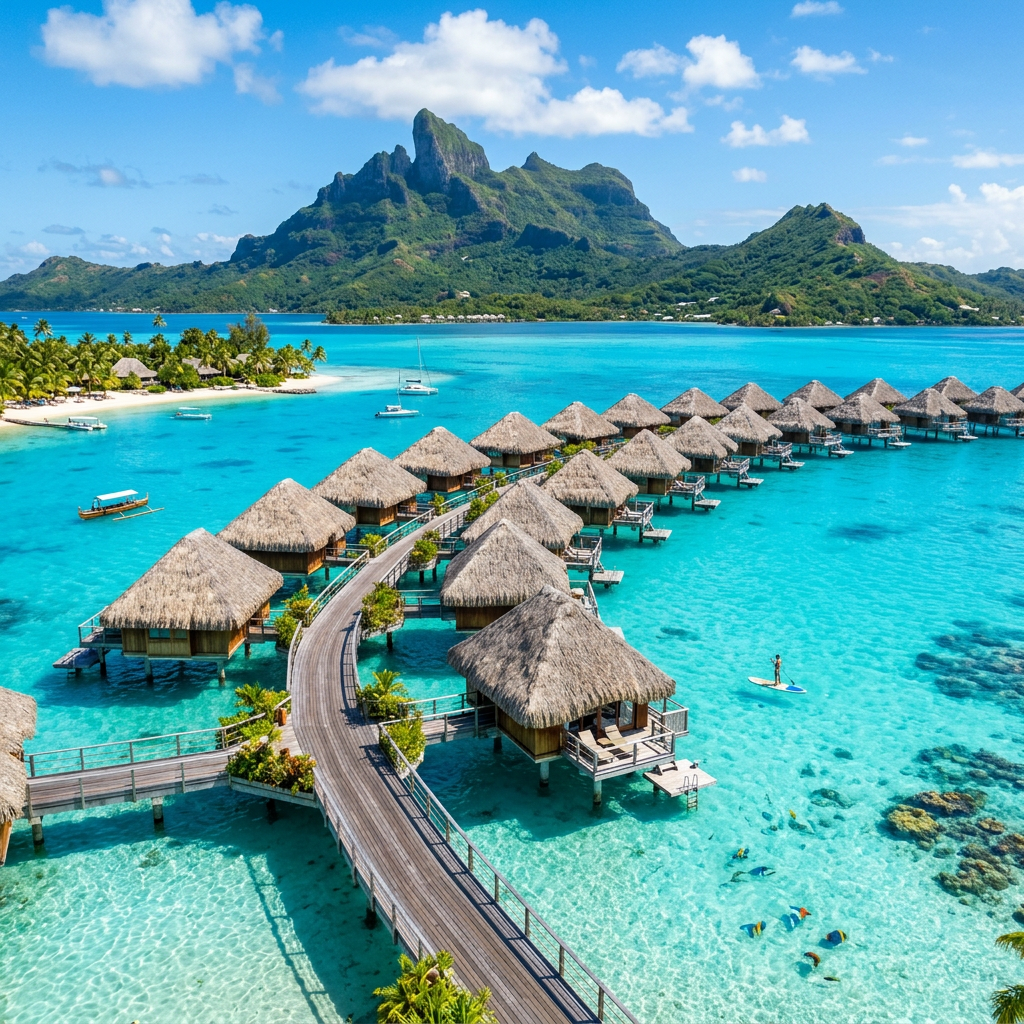 Overwater bungalows with thatched roofs on turquoise lagoon with mountains behind