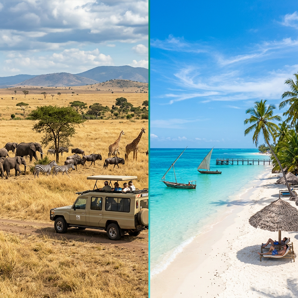 Left side shows safari vehicle with tourists near elephants, giraffes, zebras in savannah; right side shows tropical beach with palm trees, sailboats, and people relaxing under umbrellas.